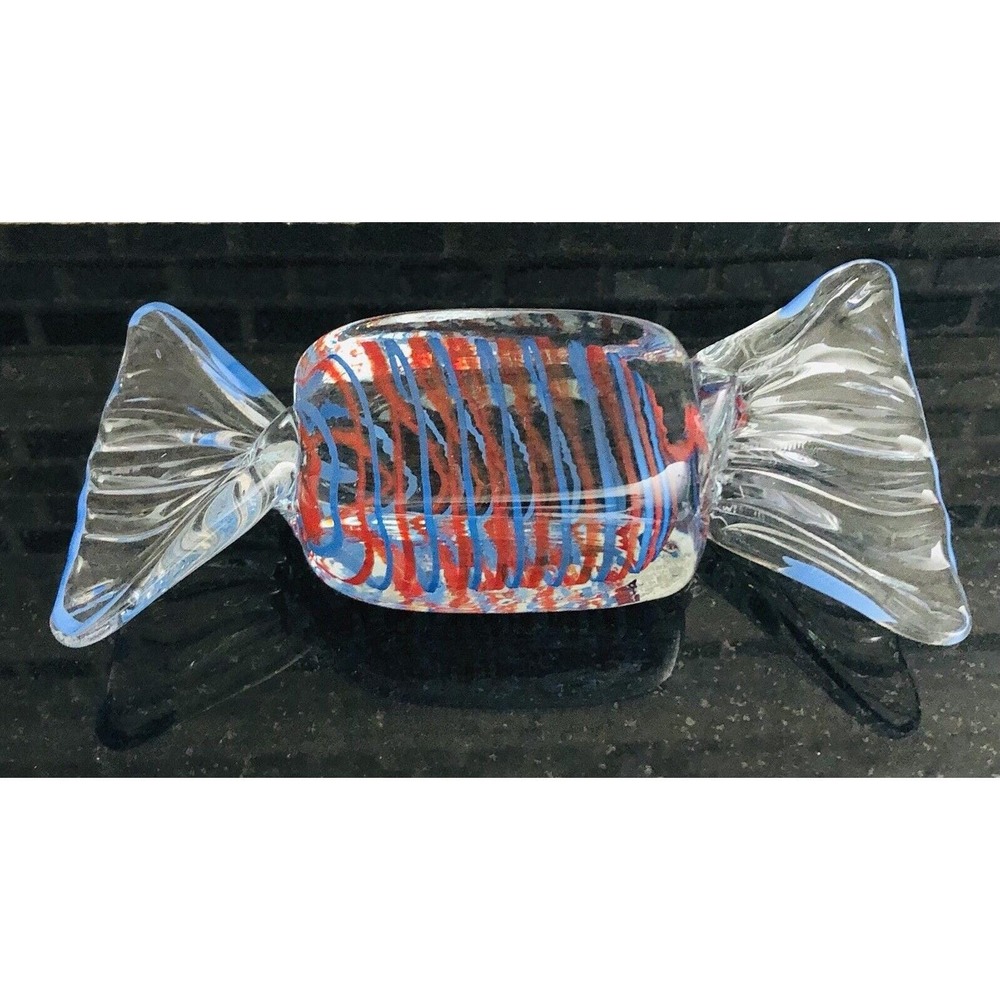 Wrapped Hard Candy Art Glass Blue & Red Swirl Glass Paperweight‎ 6.25"